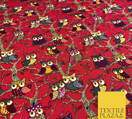 Cherry Red Tree Owls 100% COTTON CANVAS Print Fabric Craft Upholstery 1402