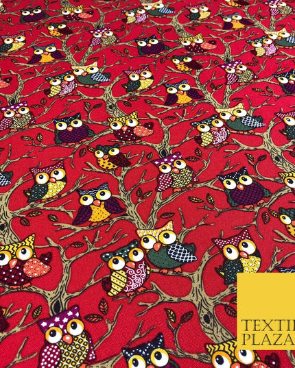 Cherry Red Tree Owls 100% COTTON CANVAS Print Fabric Craft Upholstery 1402