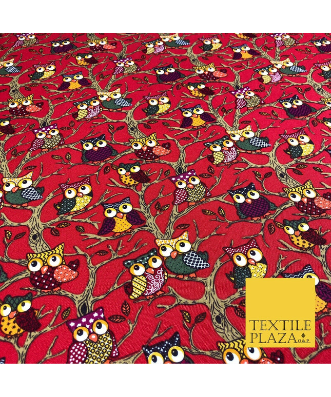 Cherry Red Tree Owls 100% COTTON CANVAS Print Fabric Craft Upholstery 1402