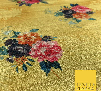 MUSTARD GOLD Floral Cluster Digital Print Faux Raw Silk Fabric Dress Craft 1465