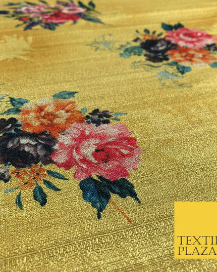 MUSTARD GOLD Floral Cluster Digital Print Faux Raw Silk Fabric Dress Craft 1465