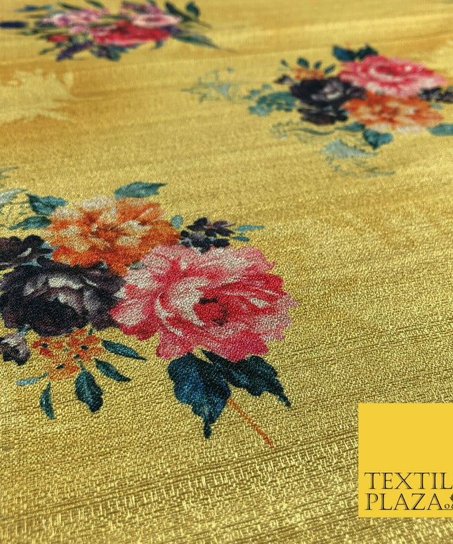 MUSTARD GOLD Floral Cluster Digital Print Faux Raw Silk Fabric Dress Craft 1465