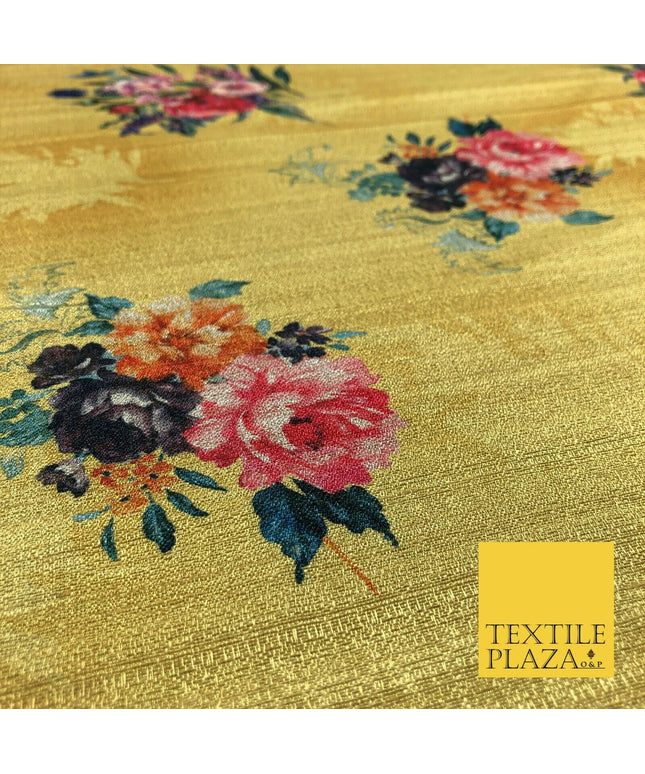 MUSTARD GOLD Floral Cluster Digital Print Faux Raw Silk Fabric Dress Craft 1465