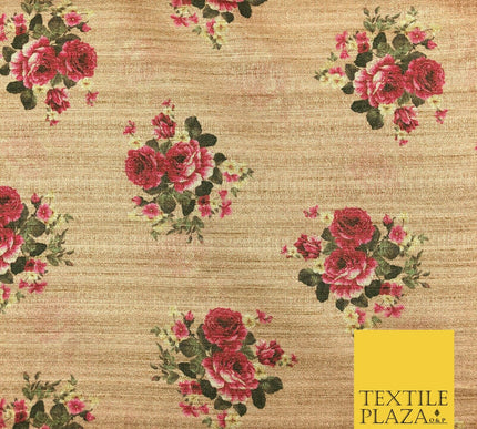WARM STONE PINK Floral Digital Print Faux Raw Silk Fabric Dress Craft 1470