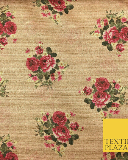 WARM STONE PINK Floral Digital Print Faux Raw Silk Fabric Dress Craft 1470