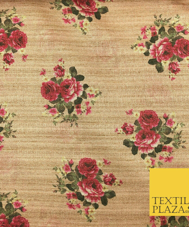 WARM STONE PINK Floral Digital Print Faux Raw Silk Fabric Dress Craft 1470