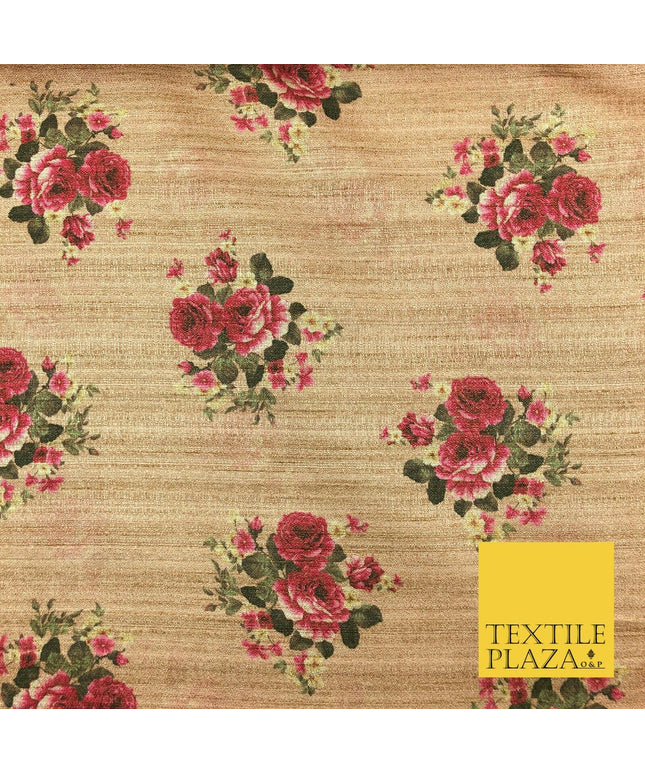 WARM STONE PINK Floral Digital Print Faux Raw Silk Fabric Dress Craft 1470