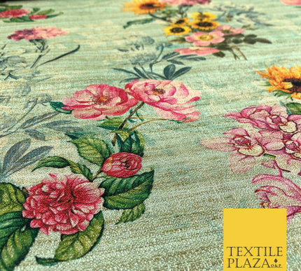 MINT GREEN Sunflower Mix Digital Print Faux Raw Silk Fabric Dress Craft 1467
