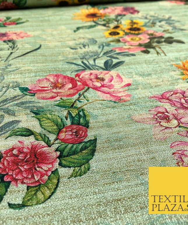MINT GREEN Sunflower Mix Digital Print Faux Raw Silk Fabric Dress Craft 1467