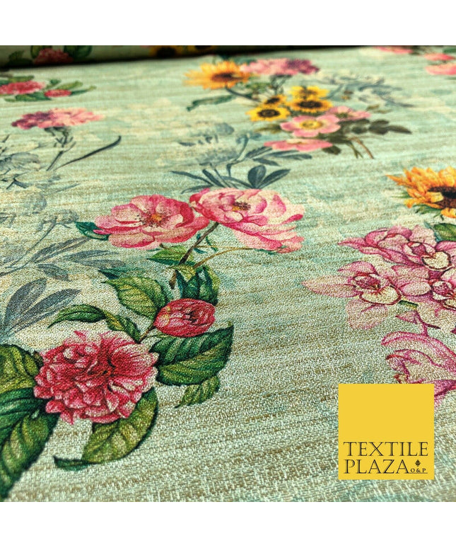 MINT GREEN Sunflower Mix Digital Print Faux Raw Silk Fabric Dress Craft 1467