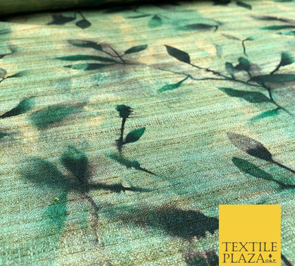 GREEN Shaded Floral Leaves Digital Print Faux Raw Silk Fabric Dress Craft 1466