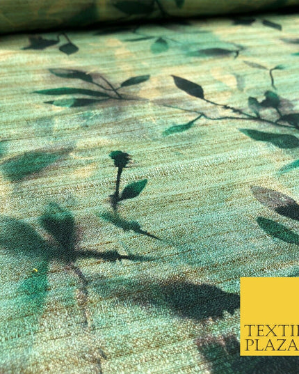 GREEN Shaded Floral Leaves Digital Print Faux Raw Silk Fabric Dress Craft 1466