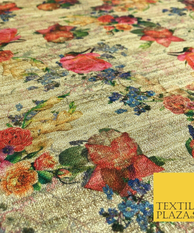 LIGHT GOLD Coloured Floral Digital Print Faux Raw Silk Fabric - Dress Craft 1462