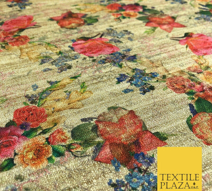 LIGHT GOLD Coloured Floral Digital Print Faux Raw Silk Fabric - Dress Craft 1462