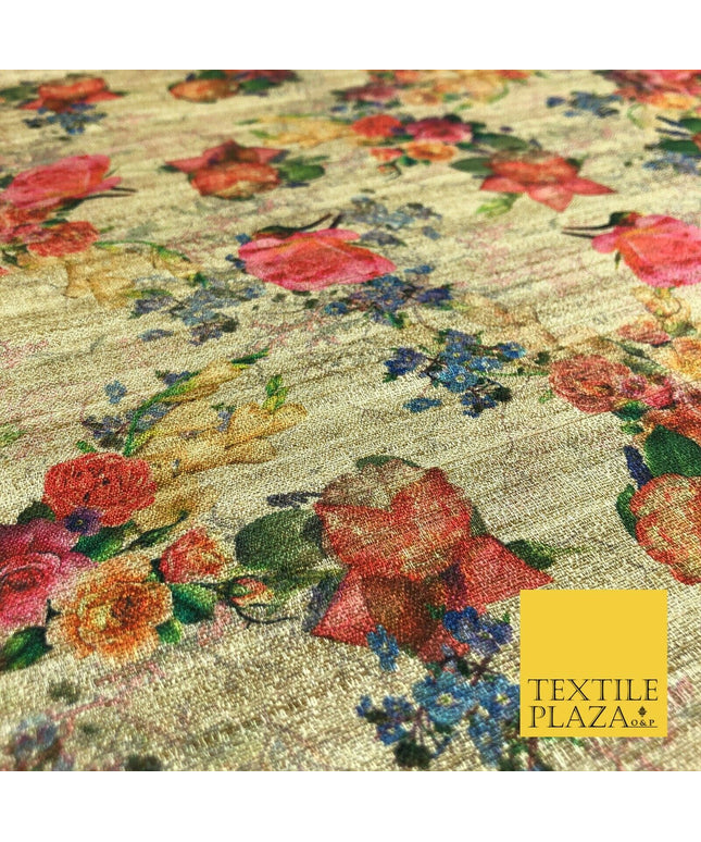 LIGHT GOLD Coloured Floral Digital Print Faux Raw Silk Fabric - Dress Craft 1462