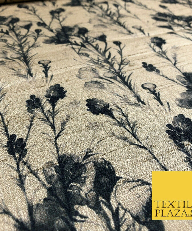 STONE BLACK Watercolour Floral Digital Print Faux Raw Silk Fabric DressCraft1464