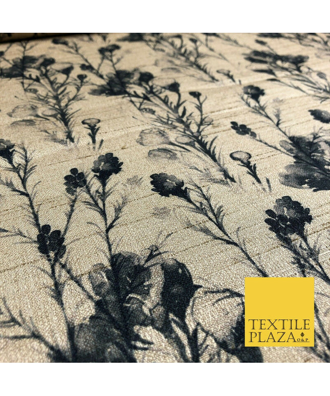 STONE BLACK Watercolour Floral Digital Print Faux Raw Silk Fabric DressCraft1464