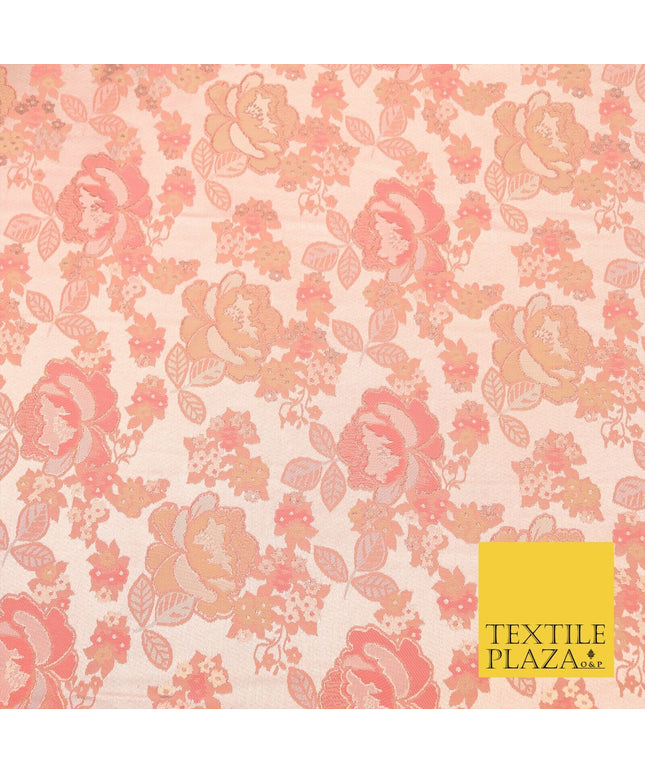 Blush Peach Premium Floral Carnation Satin Brocade Jacquard Dress Fabric 1699