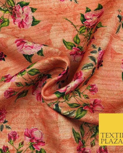 PEACH Floral Rose Digital Print Faux Raw Silk Fabric - Dress Craft 1459