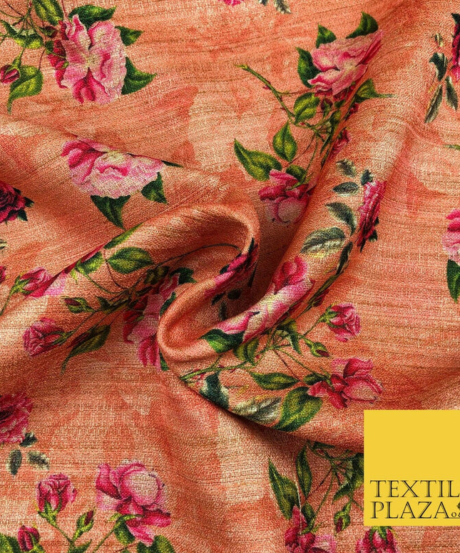 PEACH Floral Rose Digital Print Faux Raw Silk Fabric - Dress Craft 1459
