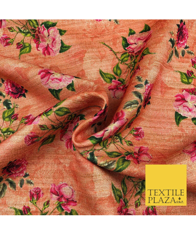 PEACH Floral Rose Digital Print Faux Raw Silk Fabric - Dress Craft 1459