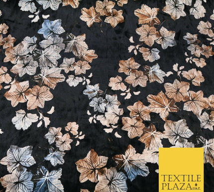 Black Oriental Leaves Printed Soft Velvet Dress Fabric Stretch Craft 1685