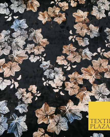 Black Oriental Leaves Printed Soft Velvet Dress Fabric Stretch Craft 1685