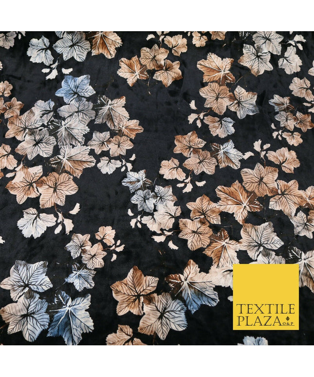 Black Oriental Leaves Printed Soft Velvet Dress Fabric Stretch Craft 1685