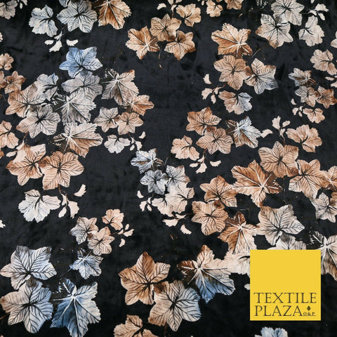Black Oriental Leaves Printed Soft Velvet Dress Fabric Stretch Craft 1685
