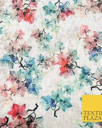 White Ivory Oriental Leaves Printed Soft Velvet Dress Fabric Stretch Craft 1683