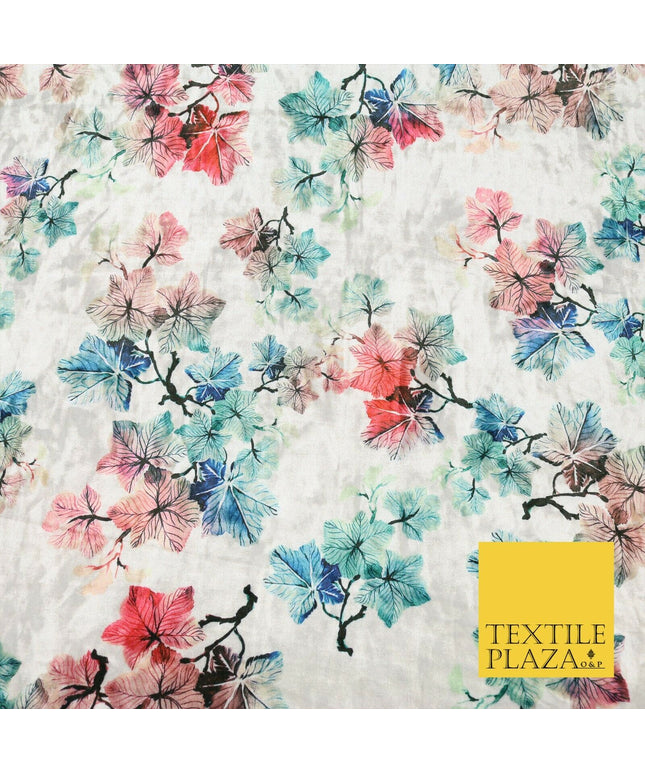 White Ivory Oriental Leaves Printed Soft Velvet Dress Fabric Stretch Craft 1683