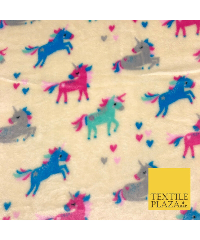CREAM Unicorns SUPER SOFT Printed Cuddle Fleece Fabric Baby Blankets Craft R1053