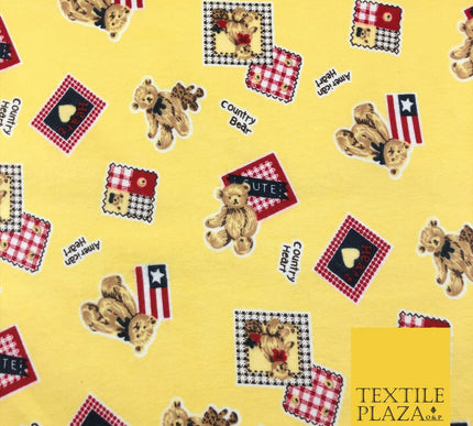 Lemon American Country Bear Patch Soft Brushed Cotton Print Fabric Kids 1378