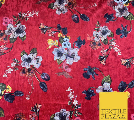 Cherry Red Floral Colour Bouquets Printed Soft Velvet Dress Fabric Craft 1692