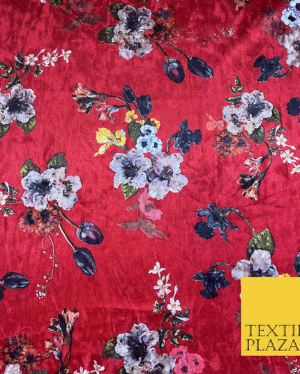 Cherry Red Floral Colour Bouquets Printed Soft Velvet Dress Fabric Craft 1692