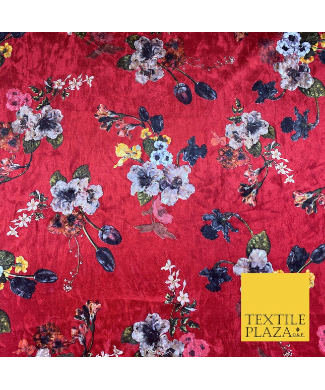 Cherry Red Floral Colour Bouquets Printed Soft Velvet Dress Fabric Craft 1692