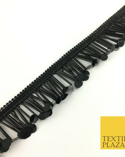 Black Sequin Glass Tube Fringe Tassel Drop Trim Ribbon Border Dance Lace (X179)