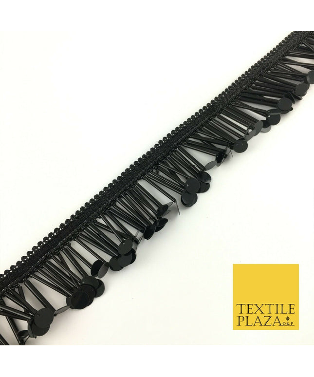 Black Sequin Glass Tube Fringe Tassel Drop Trim Ribbon Border Dance Lace (X179)