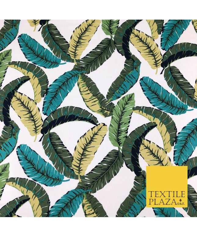 Green Botanical Leaves 100% COTTON CANVAS White Print Fabric Craft 1400