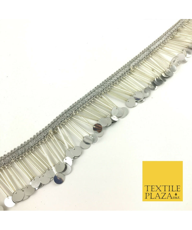 Silver Sequin Glass Tube Fringe Tassel Drop Trim Ribbon Border Dance Lace (X178)