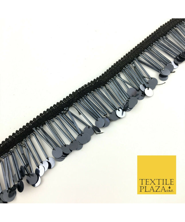 Graphite Sequin Glass Tube Fringe Tassel Drop Trim Ribbon Border Lace (X176)