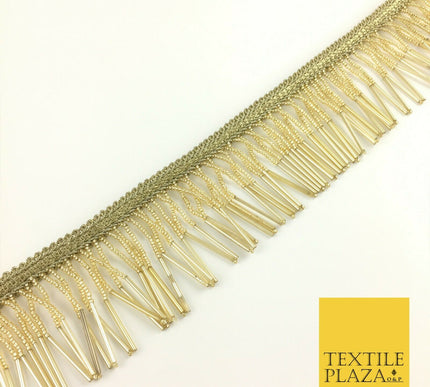 Gold Beaded Glass Tube Fringe Tassel Drop Trim Ribbon Border Dance Lace (X161)