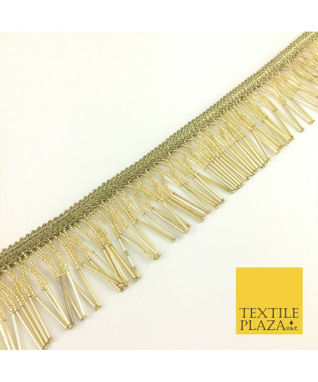 Gold Beaded Glass Tube Fringe Tassel Drop Trim Ribbon Border Dance Lace (X161)
