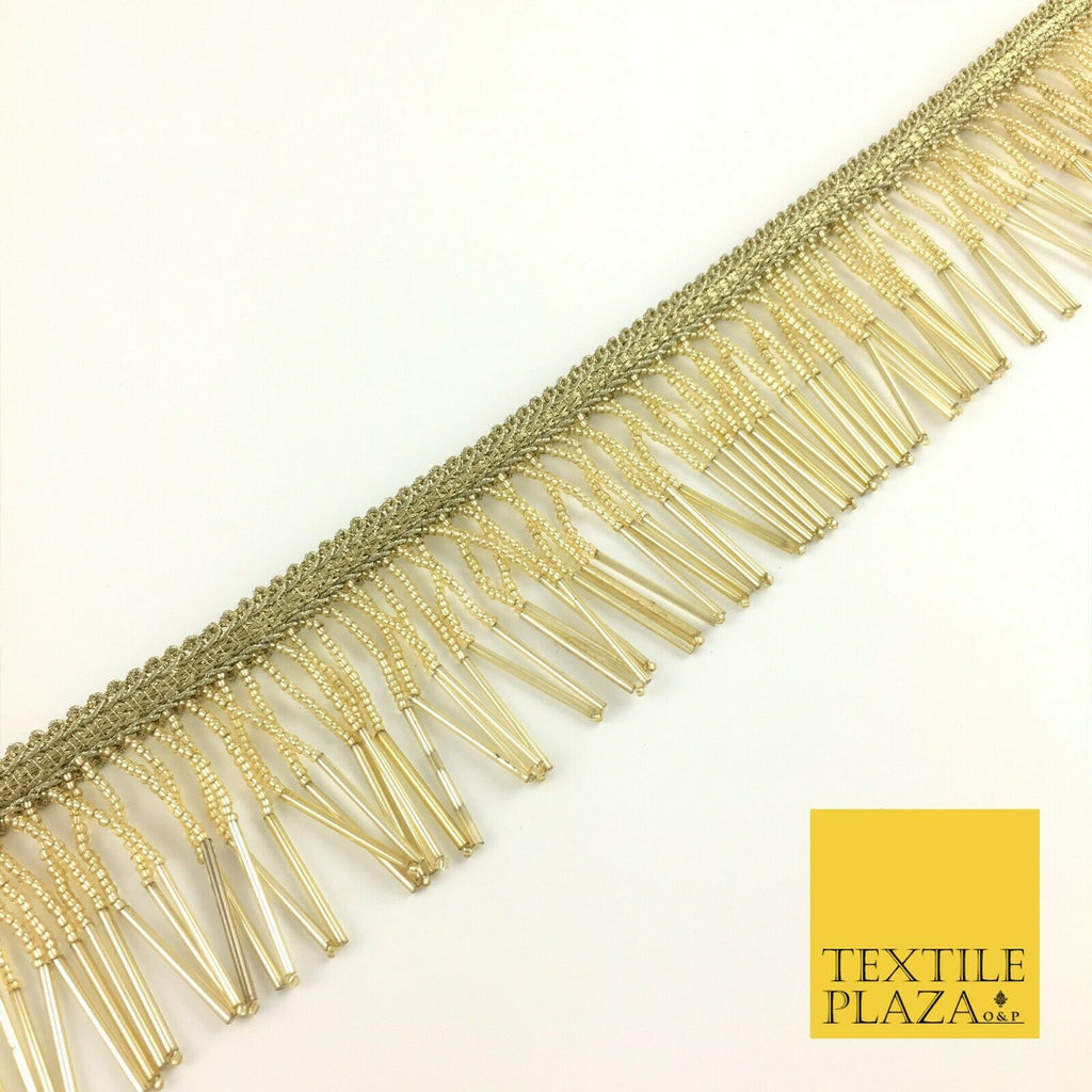 Gold Beaded Glass Tube Fringe Tassel Drop Trim Ribbon Border Dance Lace (X161)
