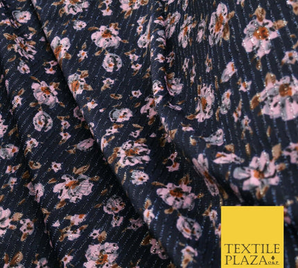 NAVY BLUE PINK Floral Ribbed Sparkle Stripe Dress Fabric Skirts 59" 1482