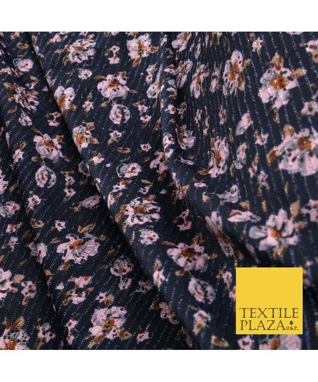 NAVY BLUE PINK Floral Ribbed Sparkle Stripe Dress Fabric Skirts 59" 1482