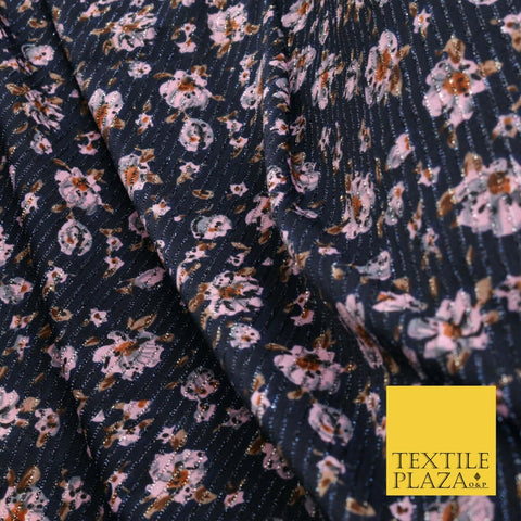 NAVY BLUE PINK Floral Ribbed Sparkle Stripe Dress Fabric Skirts 59" 1482