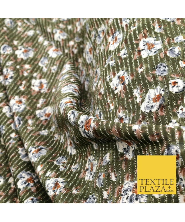 GREEN GREY Floral Ribbed Sparkle Stripe Dress Fabric Skirts 59" 1481