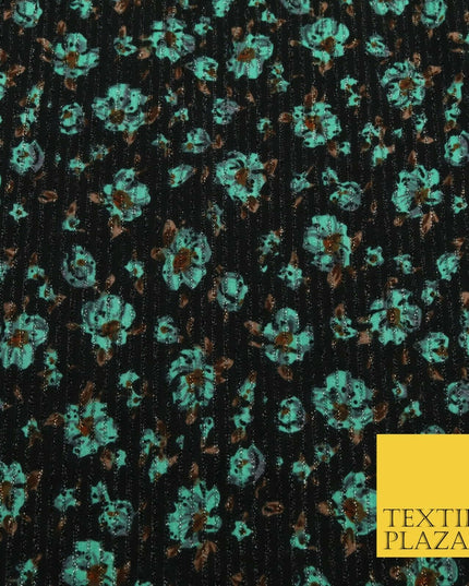 BLACK MINT GREEN Floral Ribbed Sparkle Stripe Dress Fabric Skirts 59" 1479