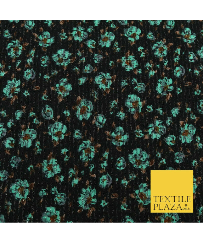 BLACK MINT GREEN Floral Ribbed Sparkle Stripe Dress Fabric Skirts 59" 1479
